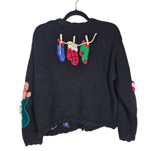 Vtg 90s Eagles Eye Christmas Sweater L Multi Hand Knit 3D Embellished Festive - Picture 2 of 11